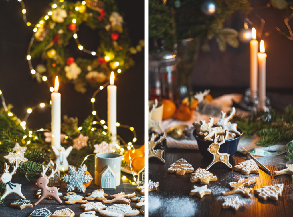 Christmas and holiday stock photos of warm cozy interior with gingerbread cookies and candles