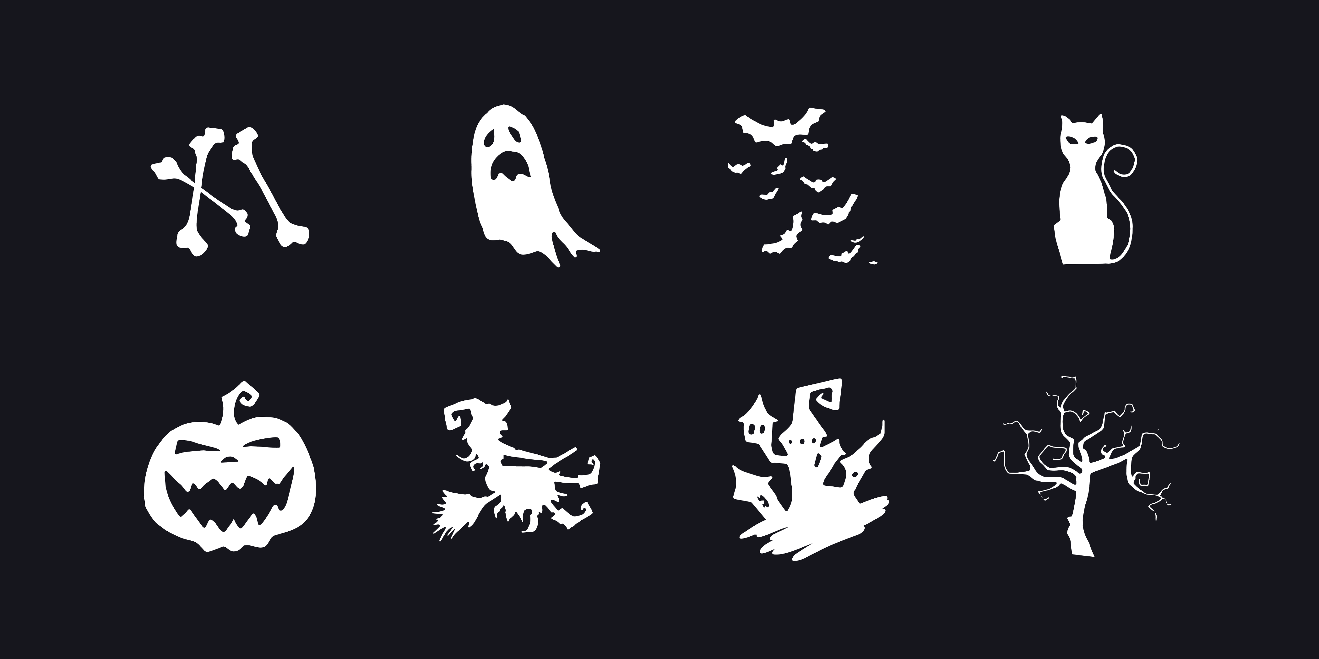 Black image of white hand-drawn Halloween icons in expressive and cute doodle style, showing illustrated halloween skeletons, ghosts, witches and bats