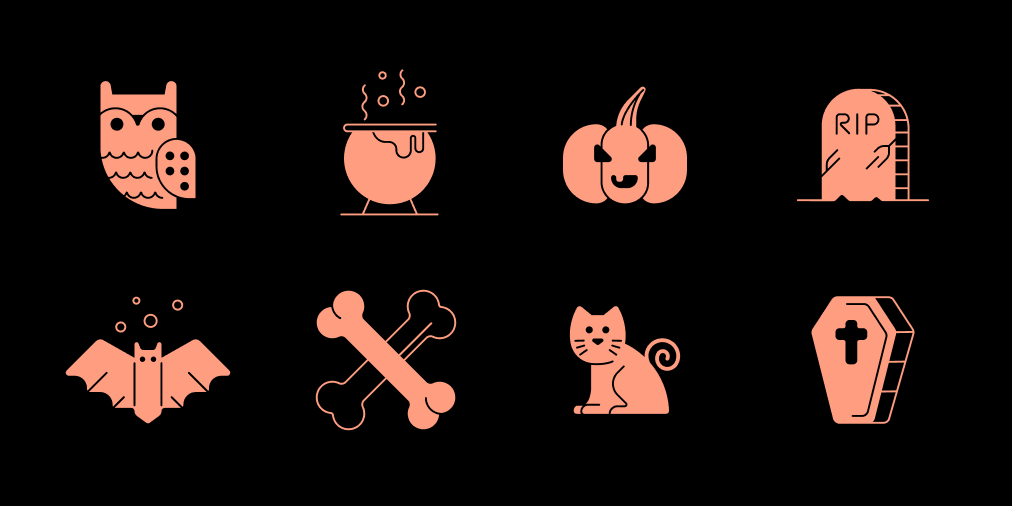 Collection of 8 cute child-friendly halloween icons, drawings and illustrations for Halloween decorations