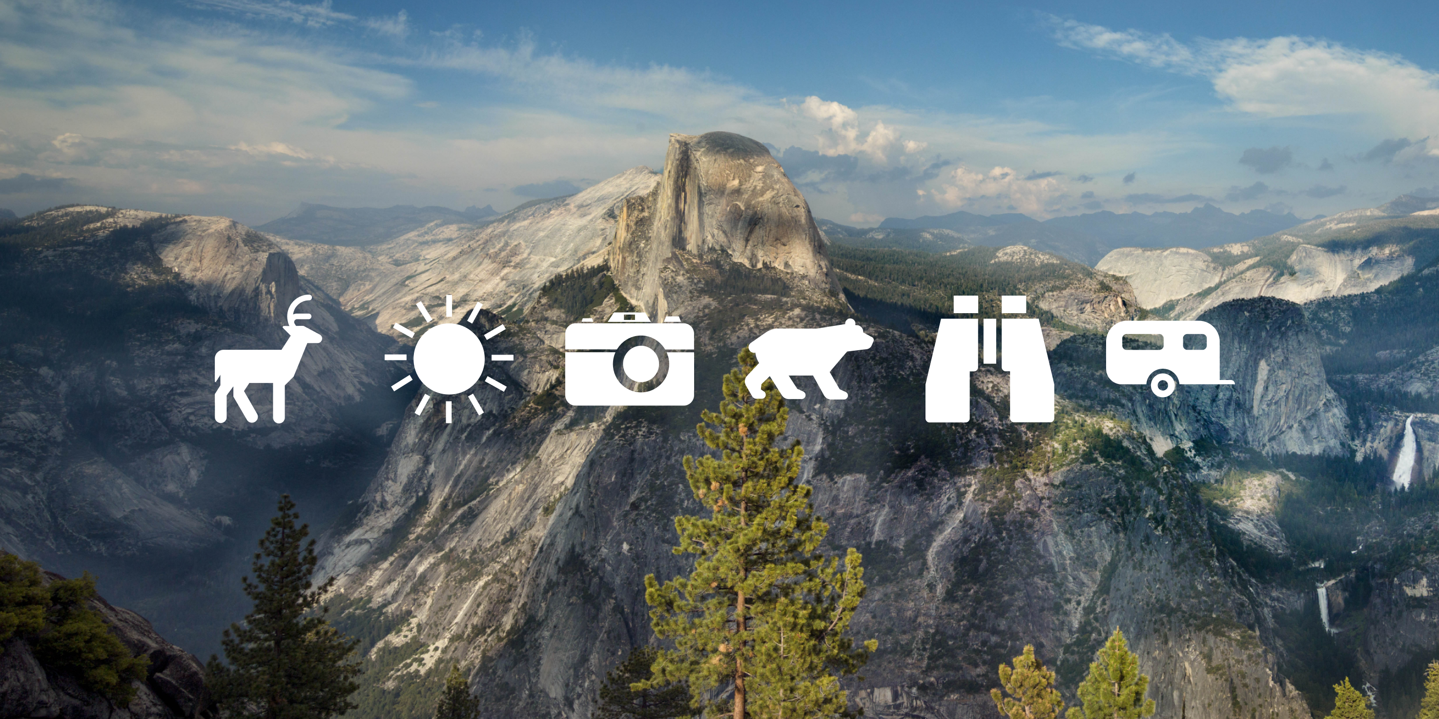 Carol Highsmith photograph of Half Dome in Yosemite, with National Park Service outdoors icons superimposed