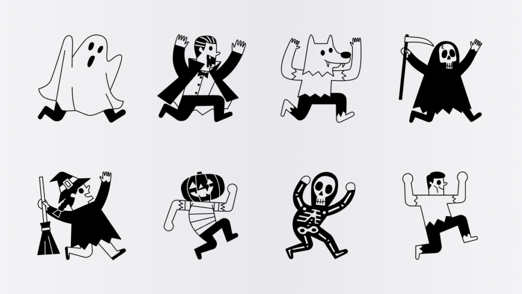 Gray image of cute cartoon-style Halloween illustrations of classic monster characters dancing enthusiastically. Ghost, vampire, werewolf and witch icons.