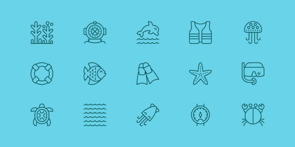 Flat blue tile of 15 scuba-diving underwater icons, including scuba gear and ocean animals like fish. Download free icons for website design.