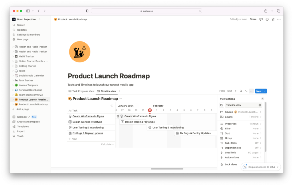 the best project management tool is Notion – use Notion to create your own timeline of deliverables and serve as a deadline tracker. Create an online calendar of tasks and projects and use Noun Project icons to create a distinct visual symbol for every item.