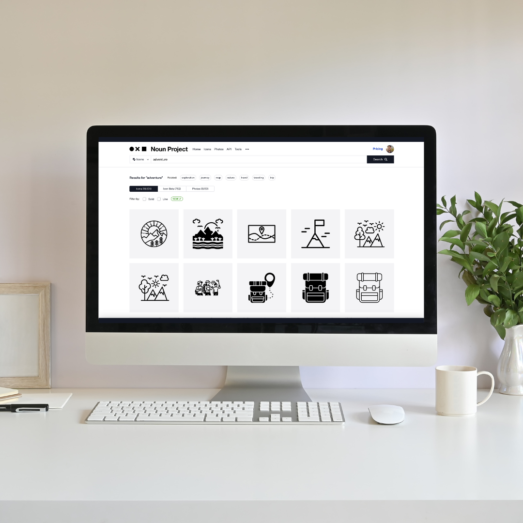 A computer showing Noun Project website with free icons for slide deck presentations