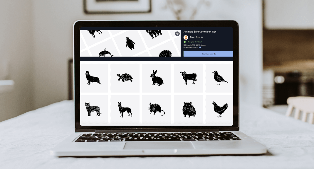A laptop showing Noun Project website with a visually consistent, matching set of animal icons.