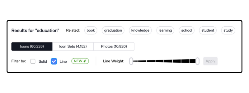 Noun Project search filters allow users to toggle between solid and line icons, and select line weight to show matching icons.