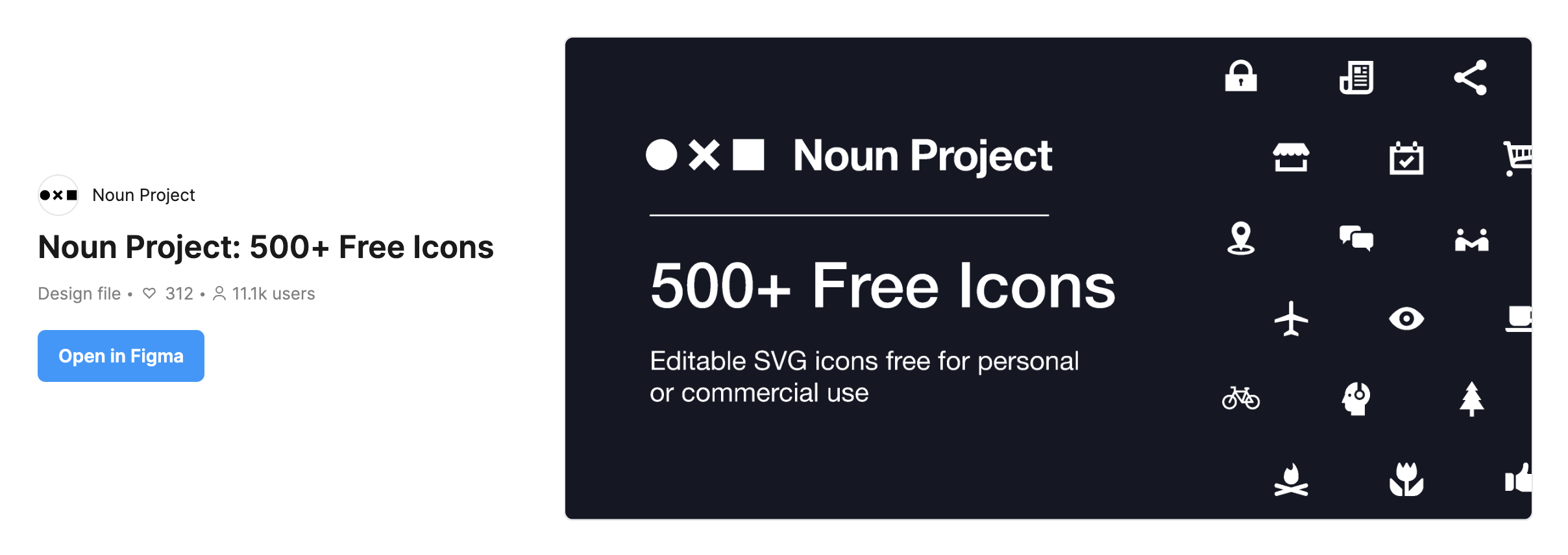A Figma file of 500 free Public Domain icons from Noun Project that do not require attribution.