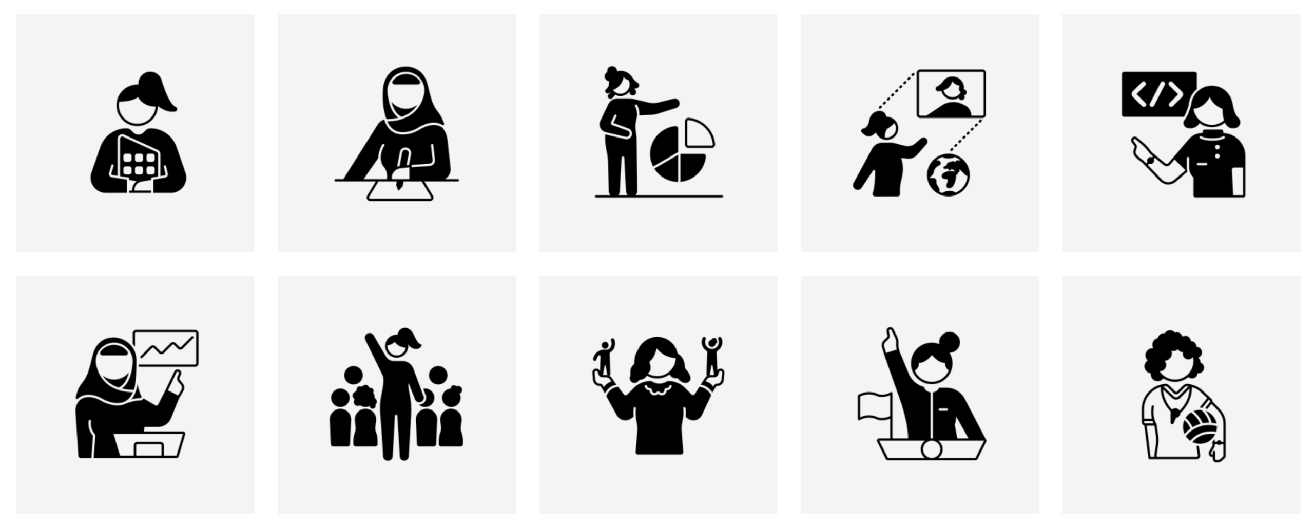 A selection of matching monochrome icons that shows Noun Project offers a consistent aesthetic for easy design implementation.