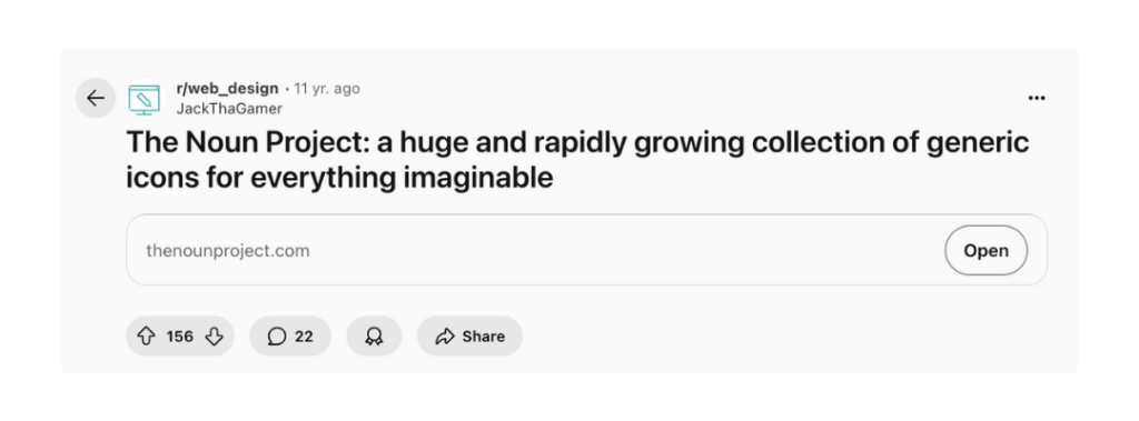 A Reddit post in the web design forum that says "The Noun Project: a huge and rapidly growing collection of generic icons for everything imaginable" with 156 upvotes.