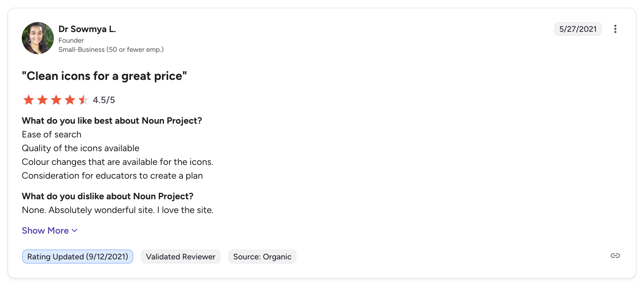 A 4.5 star G2 review of Noun Project that says "Clean icons for a great price"