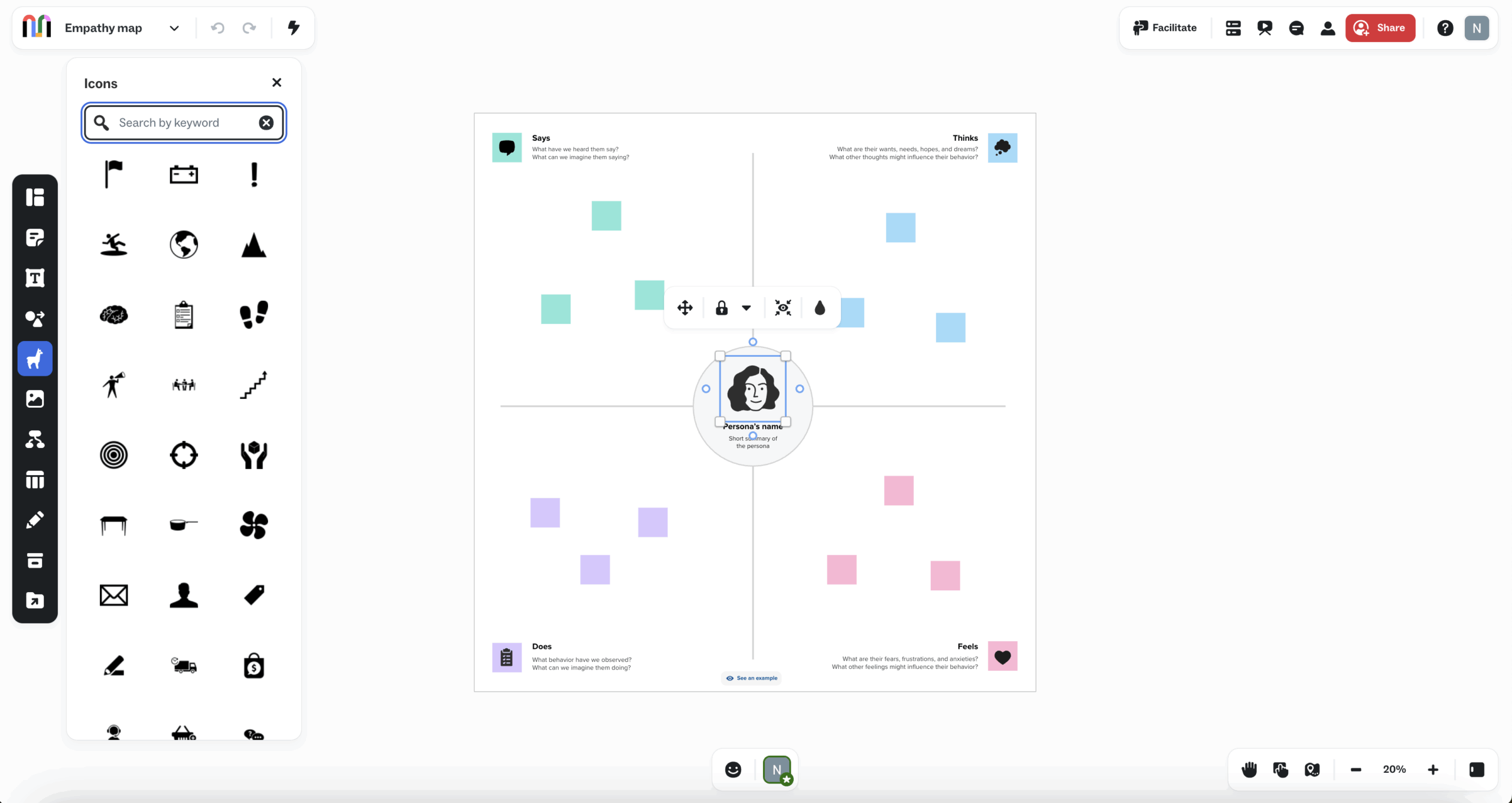 A screenshot of Mural, an app that uses Noun Project Icons API to integrate millions of high quality SVG graphics from Noun Project.