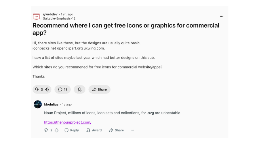 A Reddit post in the web development sub asking for the best website to get icons for commercial app development, with an answer describing Noun Project as "unbeatable" choice for SVG icons for developers.