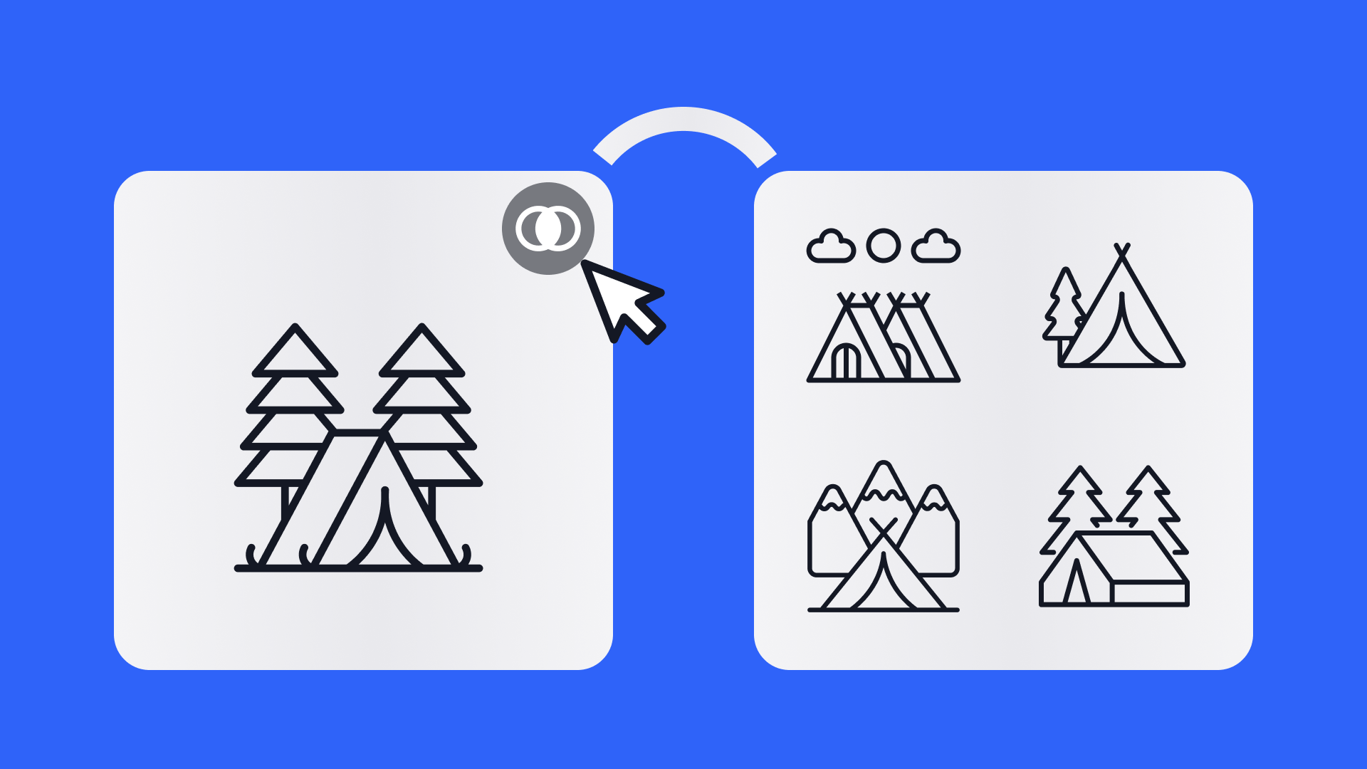 Blue image with two gray squares containing 5 black camping-themed line icons with tents and trees, to describe a new Noun Project feature to search for icons in a similar style or subject matter.