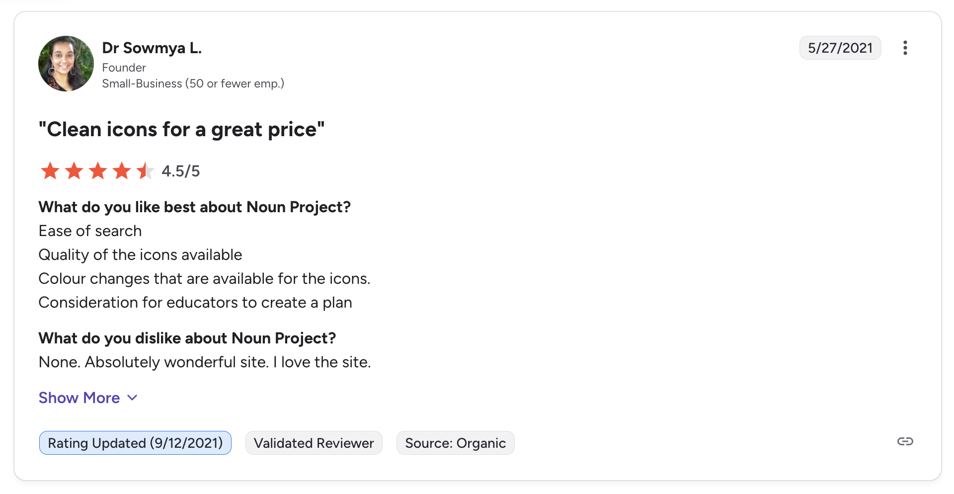 A positive organic review of the Noun Project icon library from G2