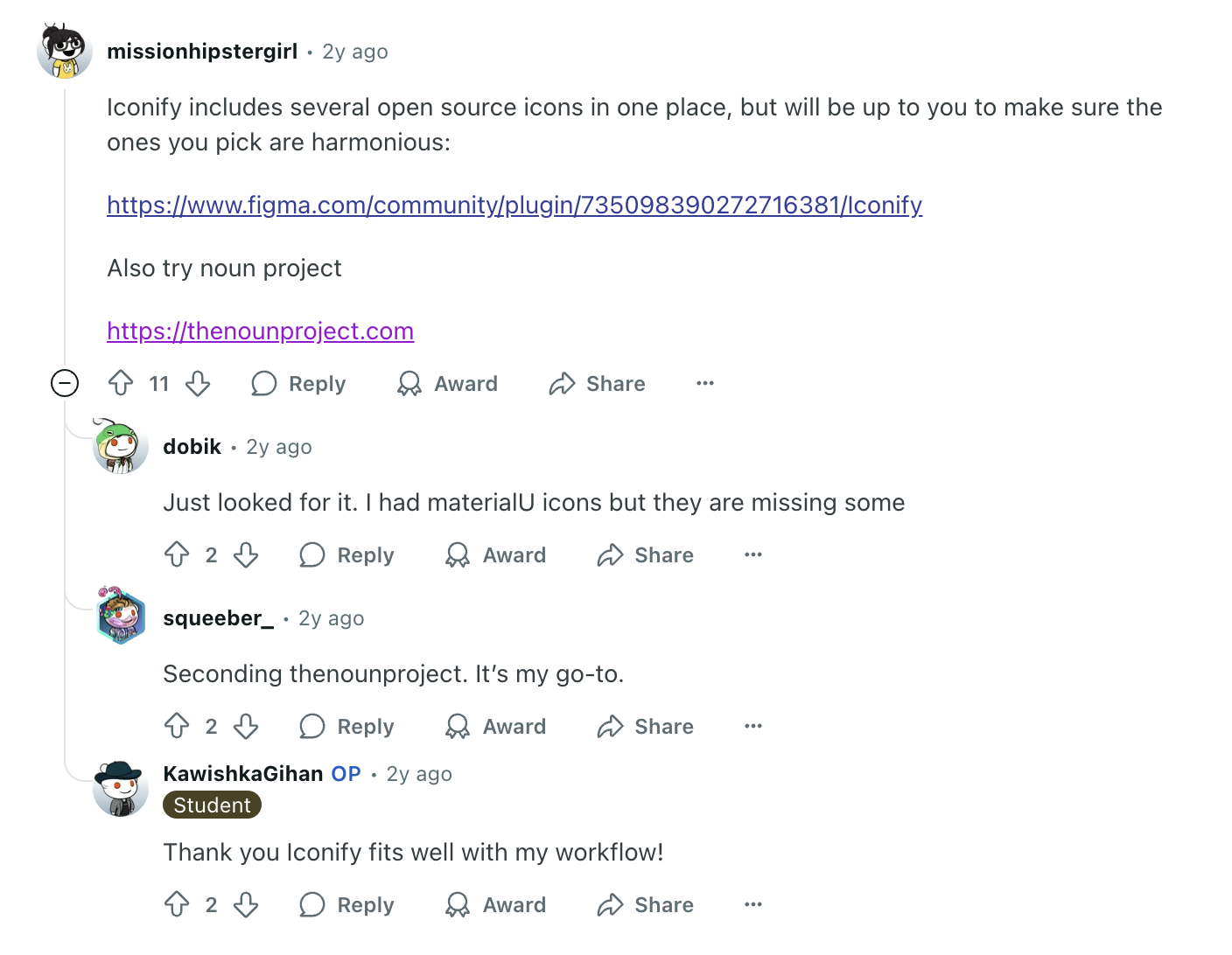 Comments on a Reddit post from the Design sub suggesting Noun Project as a great website to get UI icons with several upvotes.