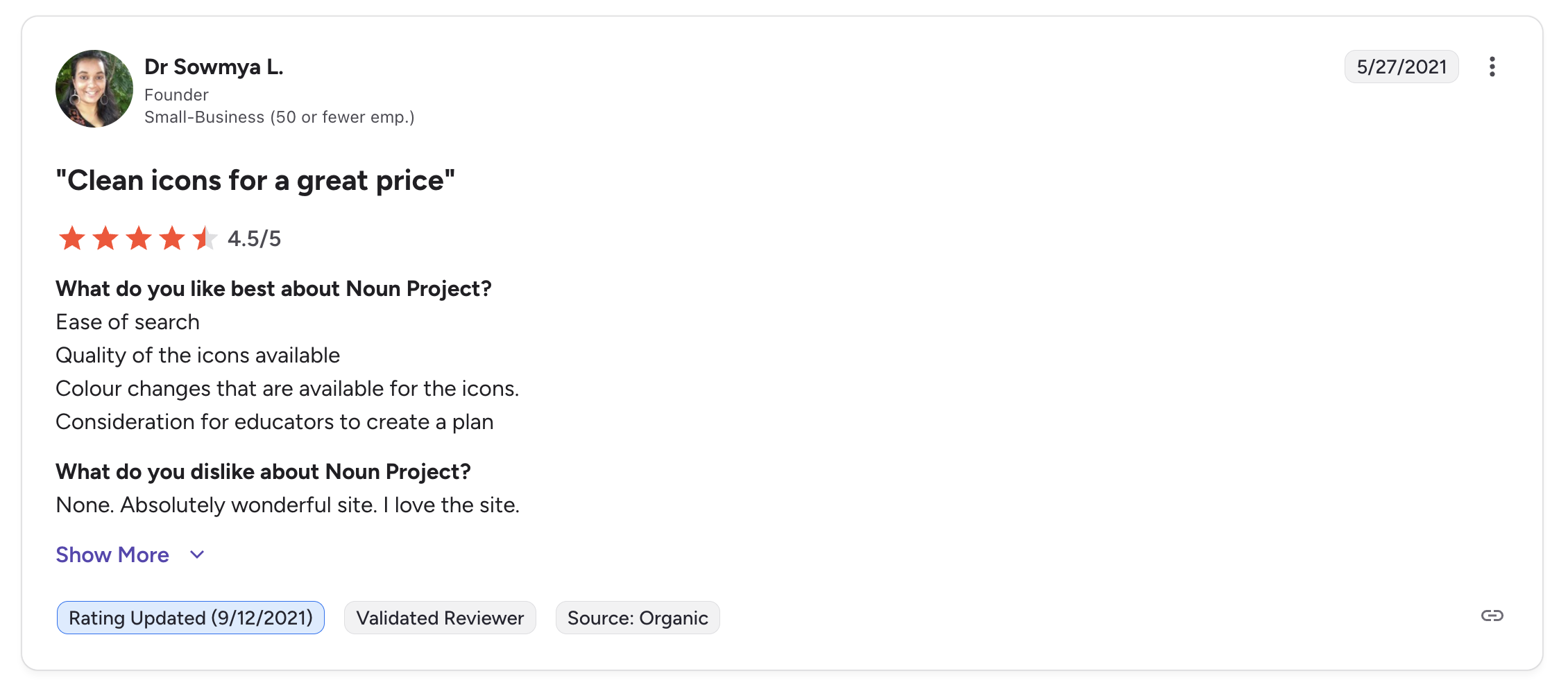 A 4.5 Start Review for Noun Project on G2. The review mentions Ease of Search, Quality of Icons Available, Color changes available for icons, and Consideration for educators to create a plan. Noun Project is a great site to get SVG Icons for Adobe Illustrator.