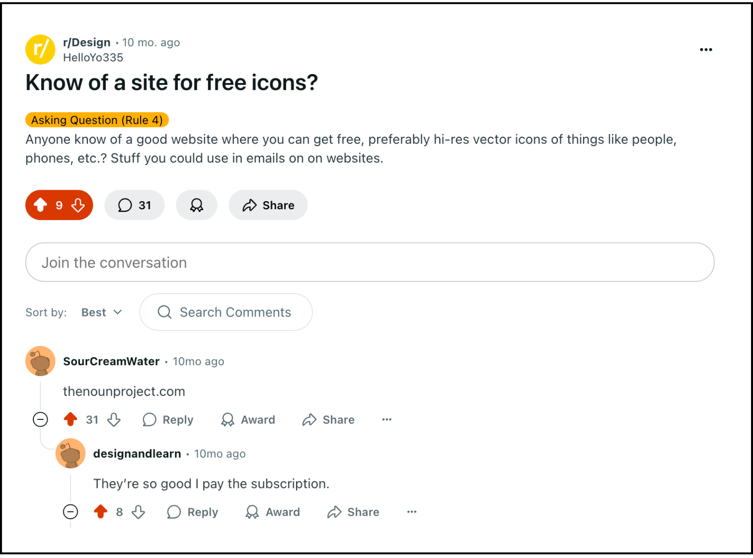 A screenshot from a post on Reddit asking designers on the best place to get free icons. A comment saying Noun Project has 31 upvotes and a comment supporting it saying the user pays for Pro. Noun Project is a great source for free icons for Notion or free Notion Icons