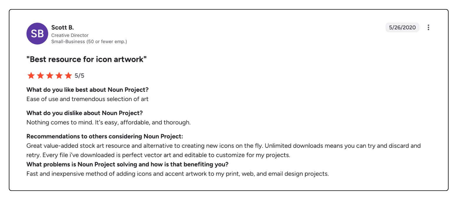 A G2 review with five stars for Noun Project as the "best resource for icon artwork." Noun Project is a great resource to get icons for adobe express.