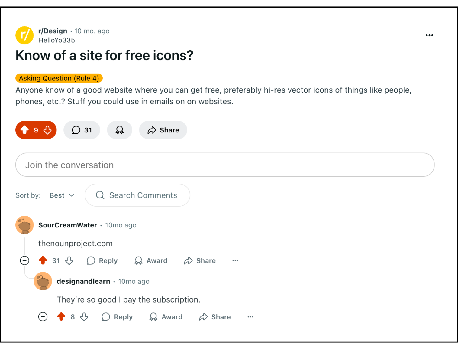 A reddit post in the design sub asking for a site for free icons for marketing such as in Adobe Express. A user has suggested thenounproject.com as the best option. the comment has 31 upvotes. A comment under that says "they're so good i pat the subscription"