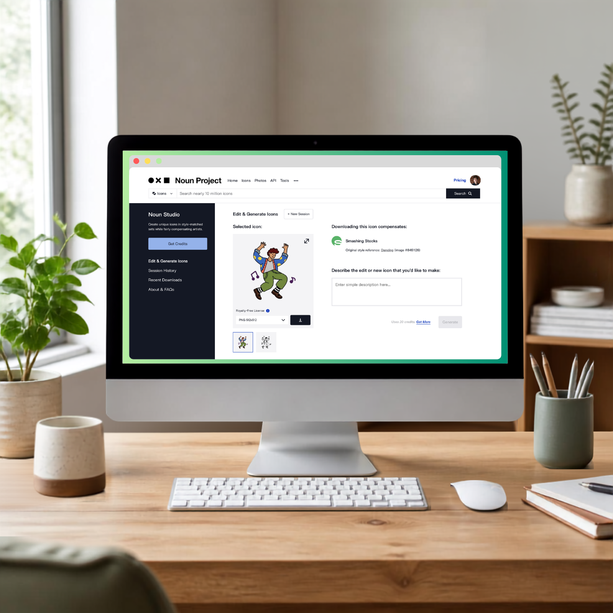 Noun Studio is a specialized icon editor and generator that delivers precise, consistent results for icons that visually match, while compensating the human designers whose work is used as a reference.